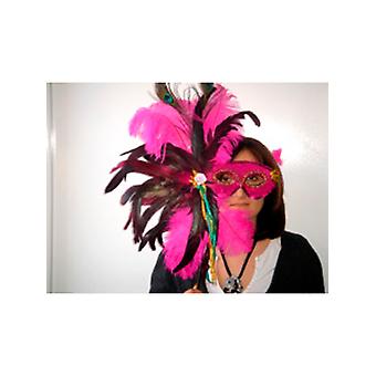 Exotische rosa Feder-Maske auf einem Stock. (1)